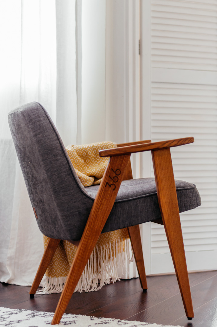 Grey mid-century armchair by 366 Concept in oak