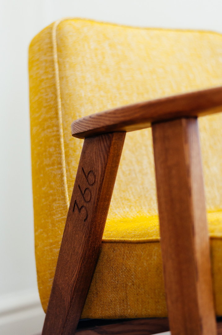 Yellow mid-century armchair by 366 Concept in oak