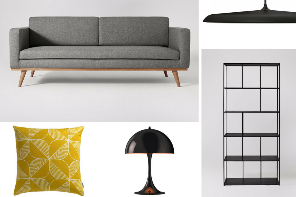 Mood Board inspiration - A small living room to maximise light and space - contemporary style with a mid-century modern twist - main