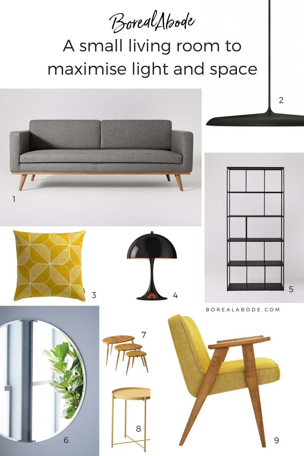 Mood Board inspiration - A small living room to maximise light and space - contemporary style with a mid-century modern twist
